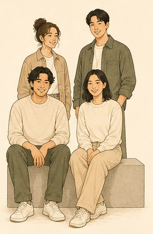Drawing of four people, two seated and two standing behind.