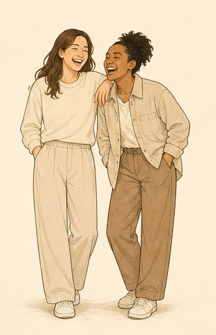 Drawing of two people laughing, one leaning on the other.