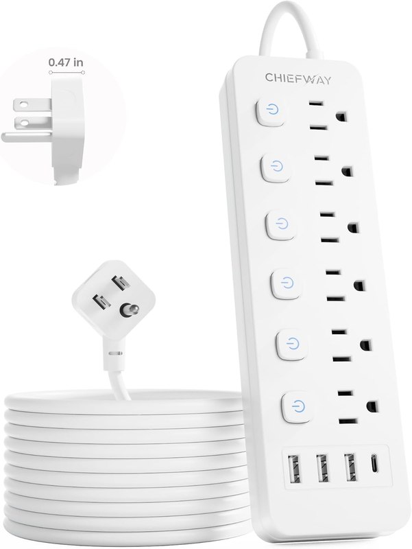 6Ft Power Strip with 6 Individual Switches, 6 Outlets | 3 USB-A Ports & 1 USB-C Port, No Surge Protector, Flat Plug, 1250W/10A, Cruise Friendly for Home Office Dorm Travel