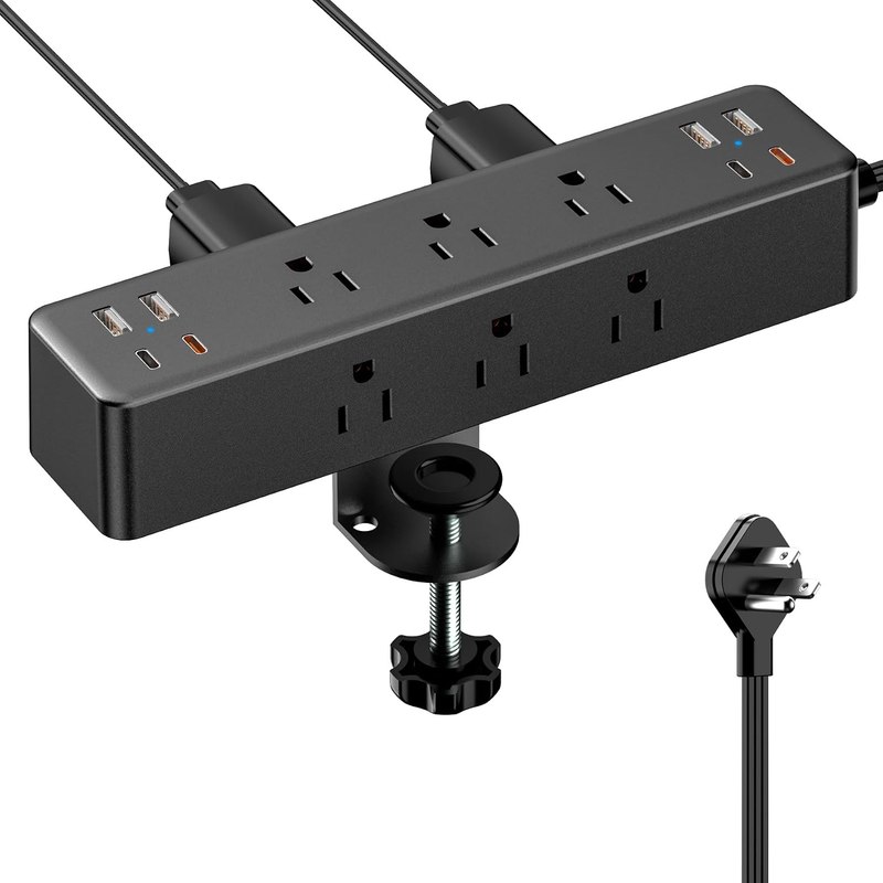 Desk Clamp Power Strip 10FT, 40W Total Fast Charging Station | 9 AC Outlets 8 USB Ports(4 USB C), 2 PD20W USB C Ports, Flat Plug Extension Cord, Desk Edge Mount, Fit 1.7" Tabletop Edge