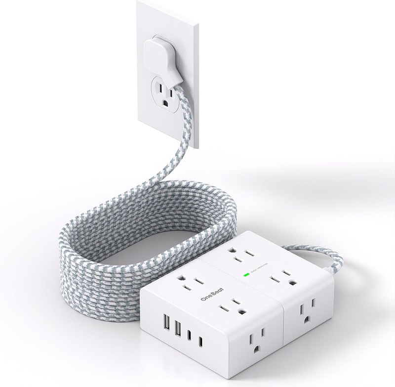 Extension Cord 15 Ft, Flat Plug Surge Protector Power Strip 15 Ft Long Cord | Long Extension Cord with 8 Outlets 4 USB Ports(2 USB C), 15Ft Braided Power Strip, Home Office College Dorm Room Essentials