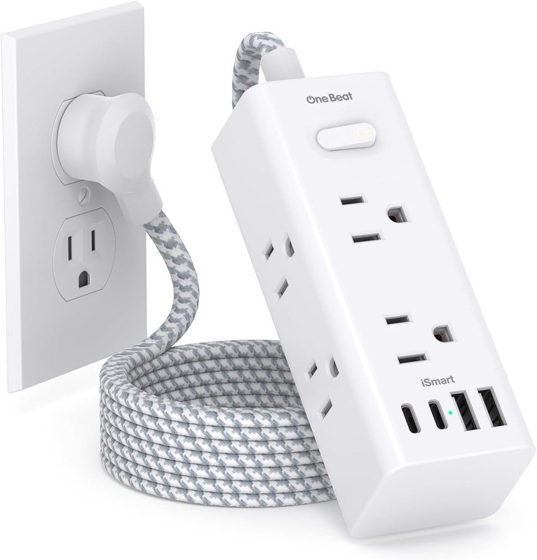 One Beat Surge Protector Power Strip, 5 Ft Flat Plug Extension Cord, 900J | 6 Outlets 4 USB Ports(2 USB C), Wall Mount Outlet Extender Small Power Strip for Travel Home Office College Dorm Room Station