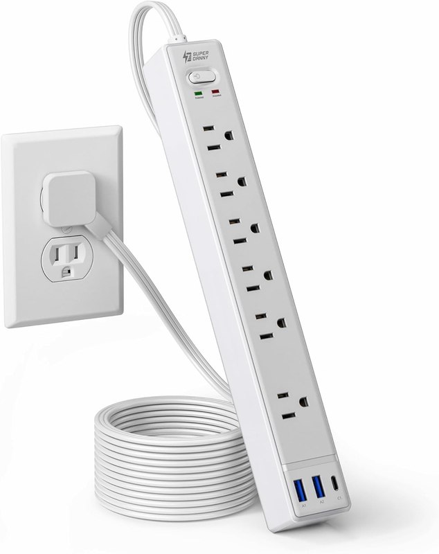 SUPERDANNY 6Ft Thin Extension Cord, Flat Plug Surge Protector Power Strip | Charging Station with 6 Outlets & 3 USB Ports, Wall Mountable Outlet Extender for Home, Office, College Dorm Room Essentials