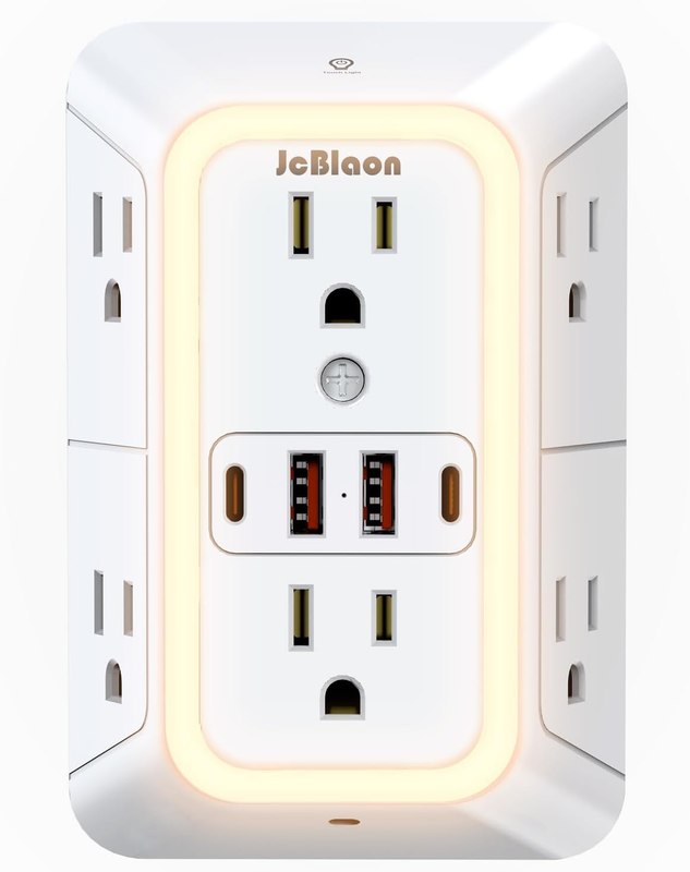 Wall Outlet Extender with Night Light, Power Plug Adapter 6 Outlet Extender with 4 USB Charging Ports 1050J Power Strip Multi Plug Adapter Spaced for Home Travel Office (2U2C)-ETL