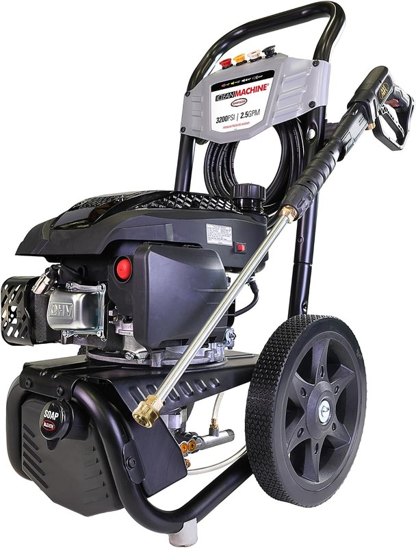 Simpson Clean Machine 3200 PSI Gas Pressure Washer, 2.5 GPM, Turbo Nozzle | Gas Power Washer For Homeowners. Axial Cam Pump, Built-in Soap Tank, Turbo Nozzle, 25' Hose. 49-State Compliant. CM61456
