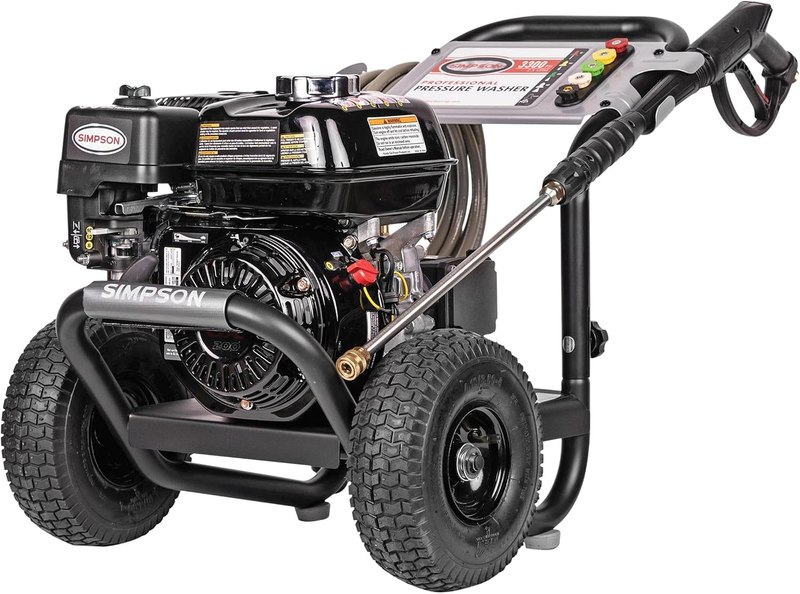 SIMPSON Cleaning PS3228 PowerShot 3300 PSI Gas Pressure Washer, 2.5 GPM, Honda GX200 Engine, Includes Spray Gun and Extension Wand, 5 QC Nozzle Tips, 5/16-inch x 25-foot MorFlex Hose, 49-State | Gas Power Washer For Professionals. AAA Triplex Pump, 25' MorFlex Hose, 5 Nozzles, Steel Frame. 49-State Compliant. PS3228