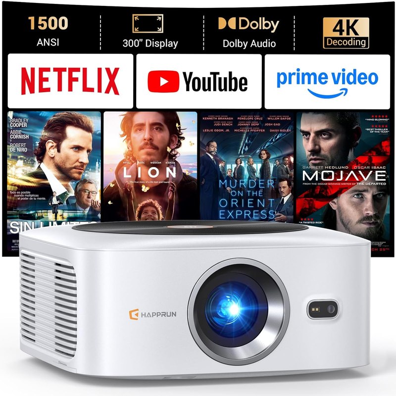 HAPPRUN Outdoor Smart Projector 4K Decoding, Built-in Apps, 30W Dolby Audio | 4K Decoding,Auto Focus,10K+ Apps,Movie Projector with WiFi Bluetooth,Portable Indoor Proyector Compatible with Phone/TV Stick