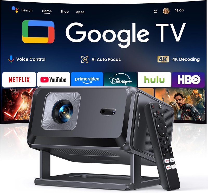 Smart Projector [Google TV 14.0 & Dolby & 4K Support] with WiFi and Bluetooth HDR10,Portable Mini Movie Short Throw Projector Outdoor with Built-in Apps Auto Focus Keystone for Home Bedroom Ceiling
