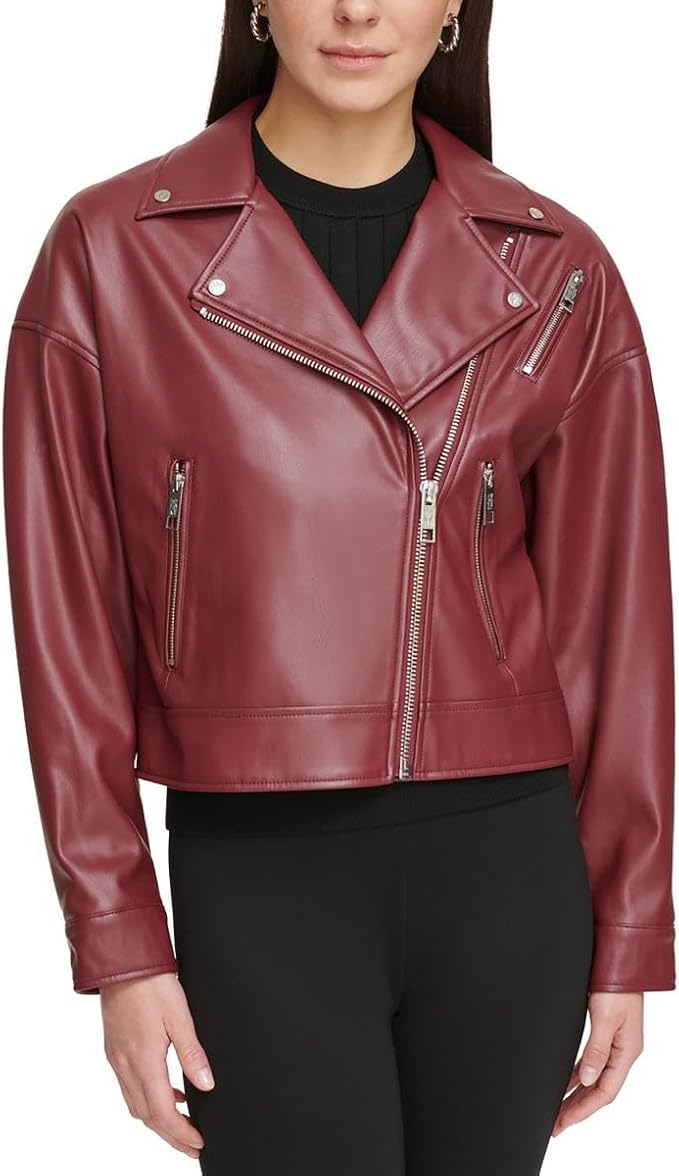 DKNY Faux Leather Motorcycle Jacket in Cabernet