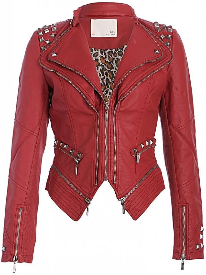 Red Faux Leather Studded Slim-Fit Moto Biker Jacket