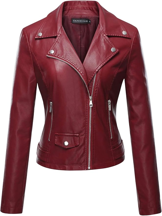 Tanming Wine-Red Faux Leather Moto Biker Jacket