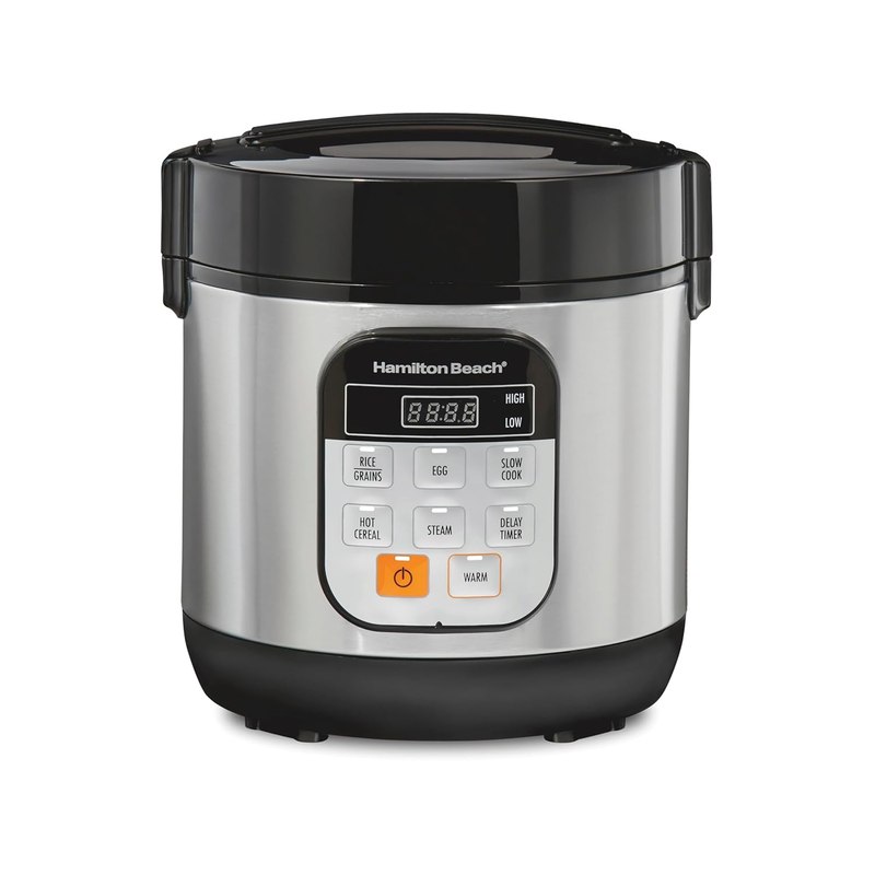 Hamilton Beach Digital Programmable Rice Cooker & Food Steamer, with Slow Hard-Boiled Egg Functions, Egg/Steam Tray, Small & Compact, 6 Cups Cooked (3 Uncooked), Stainless Steel (37524) | 6 Cups Cooked (3 Uncooked) | Slow Cooker & Hard-Boiled Egg Settings | PFAS-Free Nonstick Pot | Steam Basket | Stainless Steel