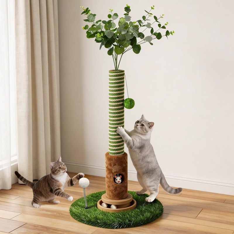 40" Tall Cat Scratching Post Indoor for Large Cats – Sisal Cat Scratcher | Sturdy 3.5" thick natural sisal rope post with interactive play balls. Great for indoor adult cats & kittens scratch play