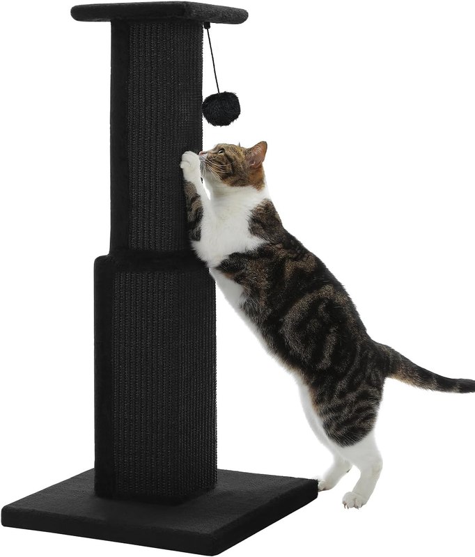 PAWZ Road Large Cat Scratching Post 32" Tall Black Cat Scratcher | Heavy Duty Cat Post with 16x16”Large Base Covered Sturdy Woven Sisal Scratcher and Cat Toy Ball for Adult and Indoor Cats