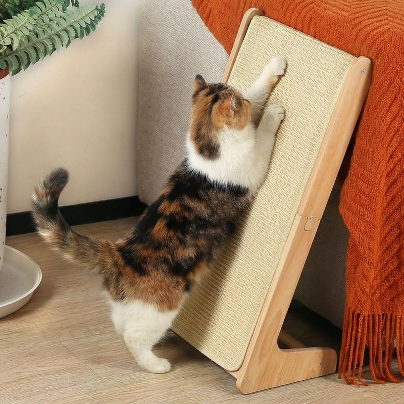 Zakkart L-Shaped Sisal Cat Scratcher, 24.8'' Tall Convertible 70° Vertical Scratching Pad & 20° Ramp Scratcher, Natural Sisal Mat, Solid Wood Frame, Helps Protect Furniture, Easy Assembly (Natural)