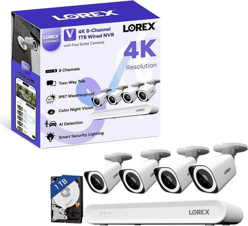 Lorex Connect (New App) | V-Series | 8Ch 4K NVR System | 4 Bullet Cameras | Black IP Cameras | No Cables | 1TB | 2-Way Talk| Lights & Siren Deterrence| Color Night Vision | AI Detections | Quiet | IP67