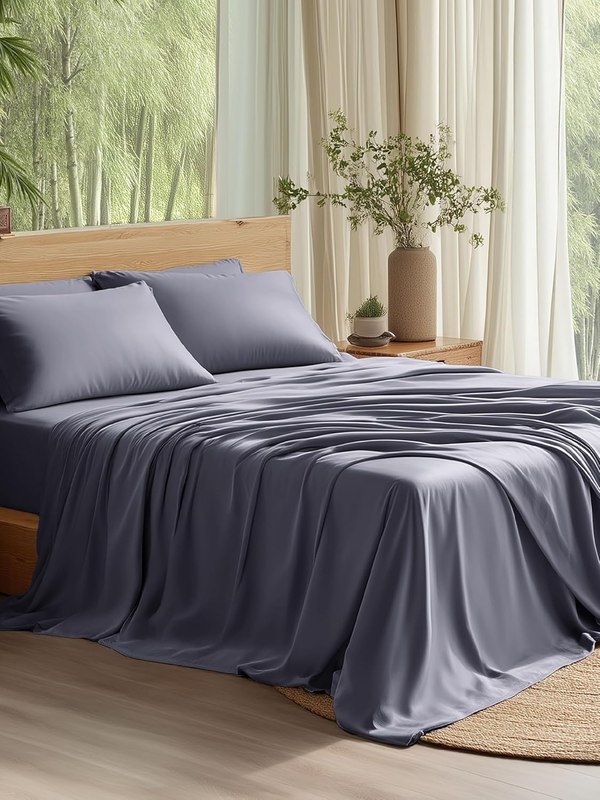 Bedsure PureWoven 100% Rayon Derived from Bamboo, Queen Sheets, 4 Pieces | Cooling Sheets for Hot Sleepers, Breathable & Silky Soft, 16" Deep Pocket, Hotel Luxury Bedding, Dark Grey