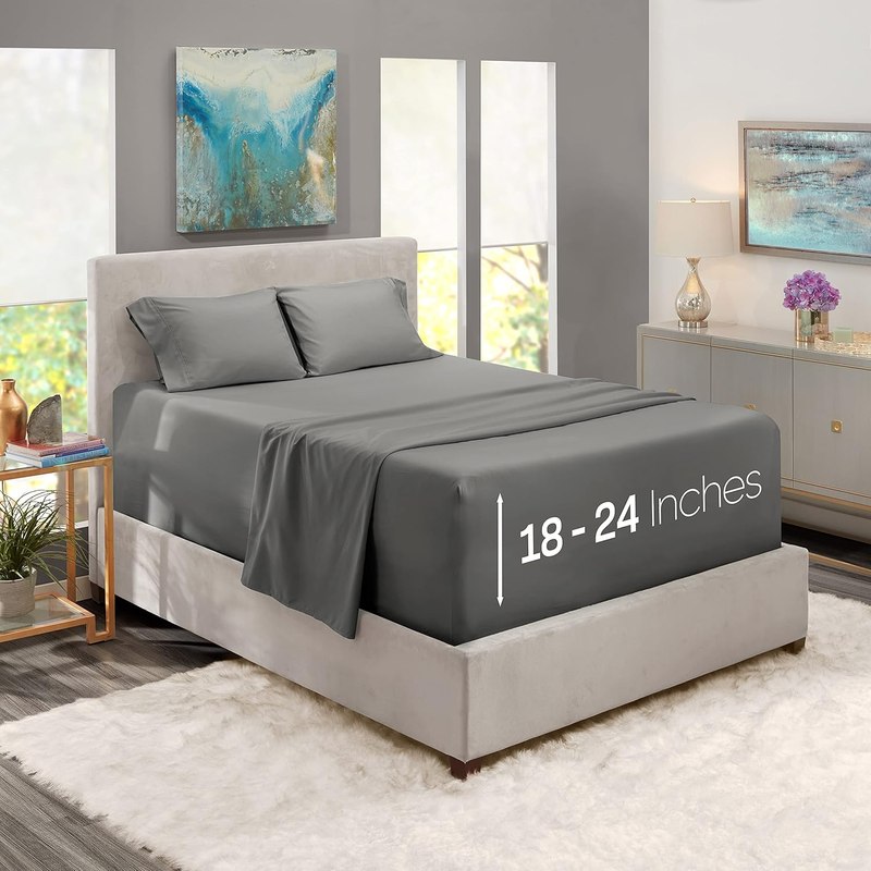Nestl Queen Bed Sheet Set - Grey - 4-Piece Extra Deep Pocket | Instantly Soft, Night-One Ready (No Wash Required). Fits Extra Deep Pockets up to 24 Inches, 360-Degree Elastic Grip