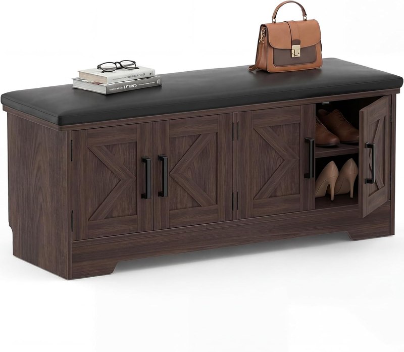Armocity 43.3" Farmhouse Shoe Storage Bench with Cushion for Entryway | Wood Mudroom Bench