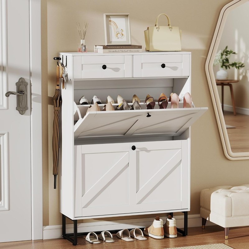 Baoz 43'' Tall Narrow Shoe Cabinet Storage for Entryway with Drawers, White | Wooden Hidden Flip Shoe Rack with 2 Fabric Drawers & Hooks, 8.5'' Wide Slim Enclosed Shoe Organizer with 3 Adjustable Shelf