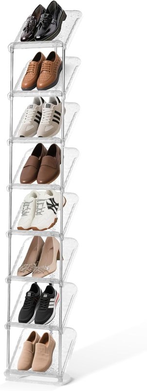 SMILHELTD Vertical Shoe Rack 8 Tiers Narrow Clear Sneaker Storage Organizer | Tall Slim Shoe Organizer with 45° Tilt, Space Saving for Entryway Garage Closet, Transparent, 10.4"W x 64.5"H
