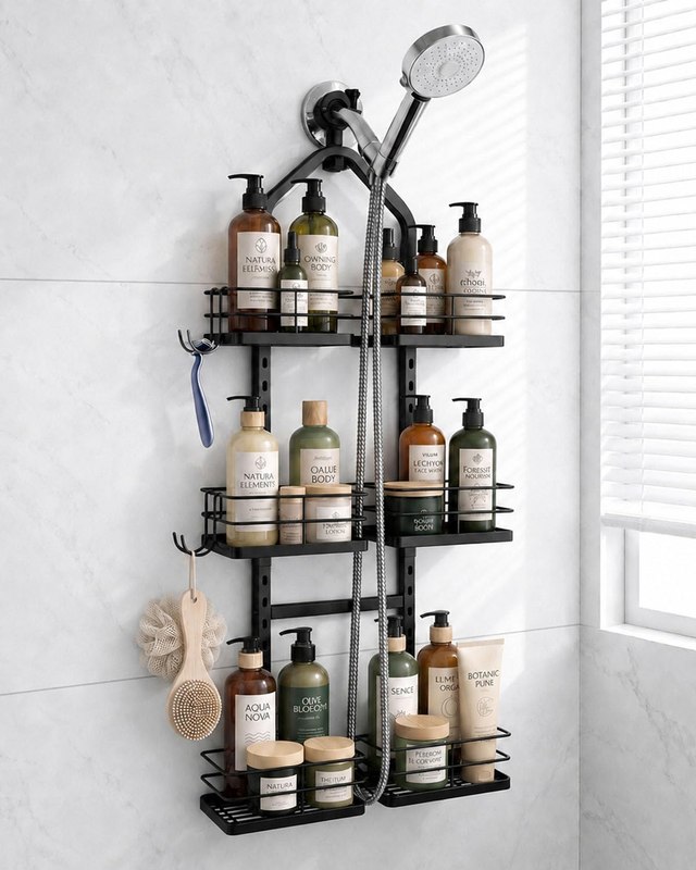3-Tier Adjustable Hanging Shower Caddy for Handheld Showerhead, Black | Rustproof Shower Rack Baskets, Anti-Swing Hanging Shower Organizer for Bathroom Storage with 2 S-Hooks, Large Capacity