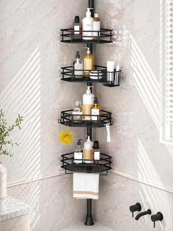 Corner Shower Caddy Tension Pole, Quick Setup, Rust-Free Bathroom Shower Organizer Corner for Bathtub Shampoo Storage, 4-Tier Adjustable Shelf, Drill Free, Fits 34 to 116 Inch Height, Black
