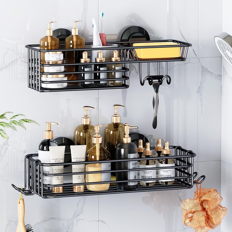 Shower Caddy Suction Cup, 2 Pack Suction Shower Shelf With Hooks | Black Shower Caddies, Soap holder, NO-Drilling Bathroom Holder, Rustproof bathroom organizer
