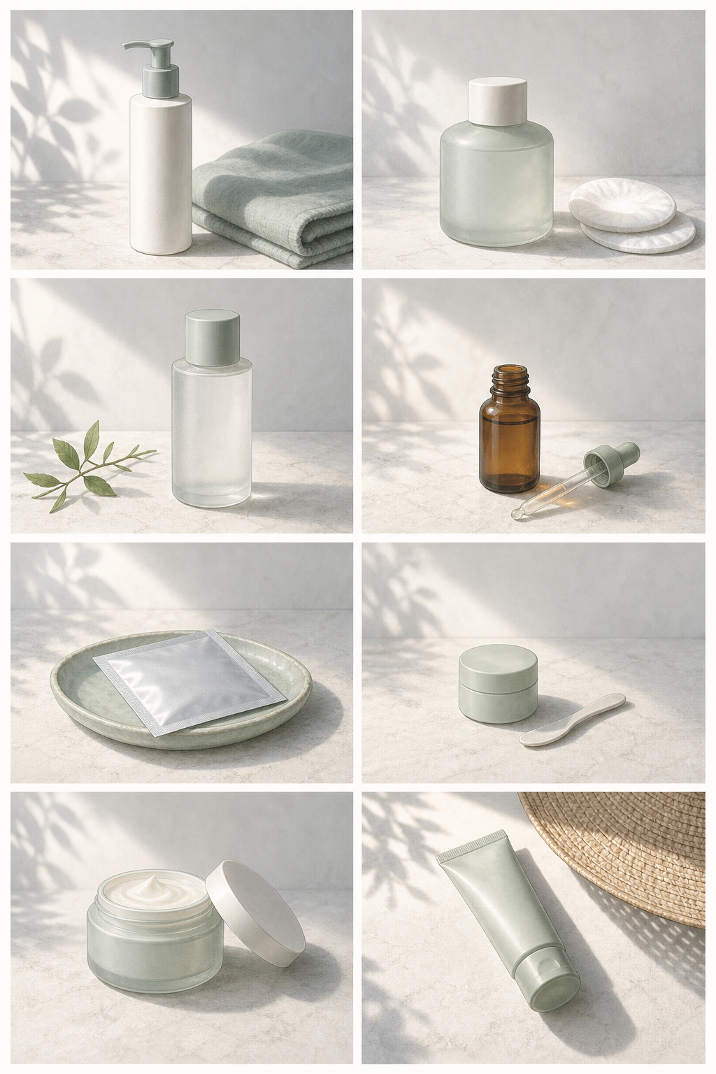 All eight skincare steps shown together on one board.