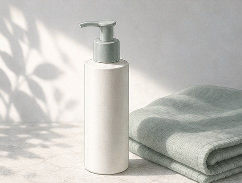 Drawing of an unlabelled pump bottle beside a folded flannel cloth.