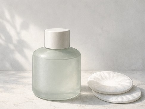 Drawing of an unlabelled short bottle beside two round cotton pads.