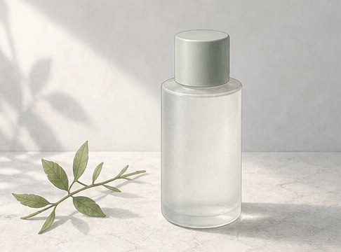 Drawing of an unlabelled frosted glass bottle beside a sprig of leaves.