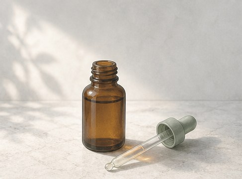 Drawing of an unlabelled amber dropper bottle with its glass pipette alongside.