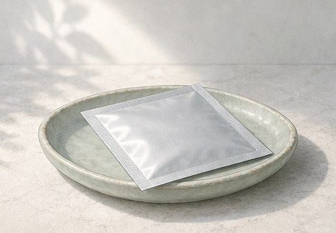 Drawing of an unlabelled foil sachet resting on a small ceramic tray.