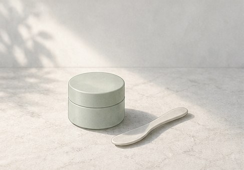 Drawing of an unlabelled small round jar with a tiny ceramic spatula.