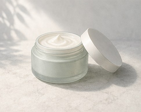 Drawing of an unlabelled wide low jar of thick cream with its lid set beside it.