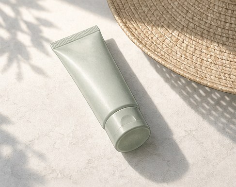 Drawing of an unlabelled squeezable tube lying in bright sunlight beside a straw hat brim.