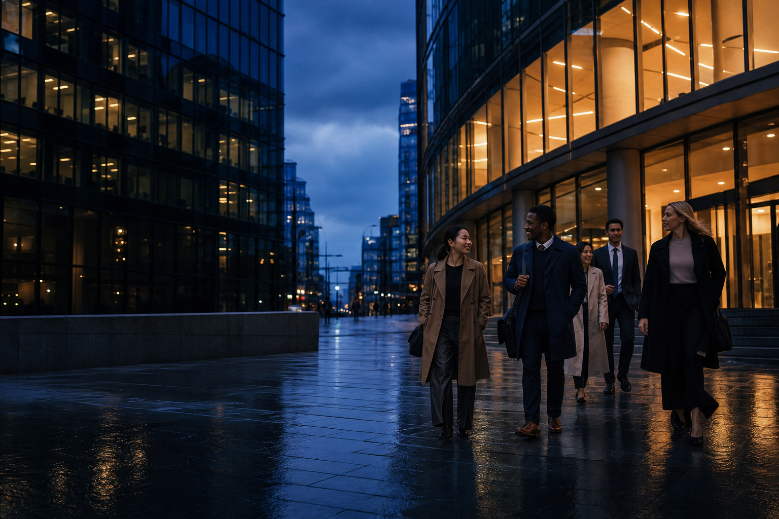 Young finance professionals leaving a city office after work