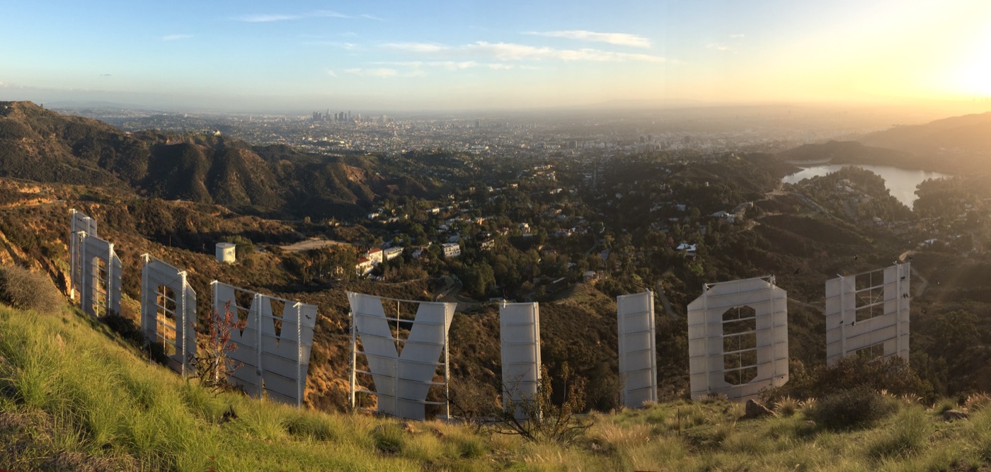 View from behind the Hollywood Sign overlooking Los Angeles, real photograph.