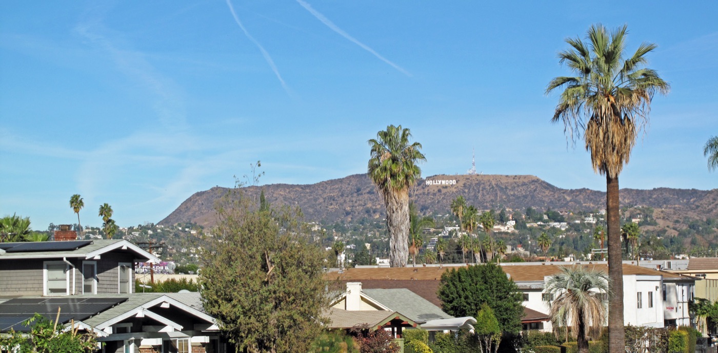 The Hollywood Sign viewed from Clinton and Normandie, real photograph.