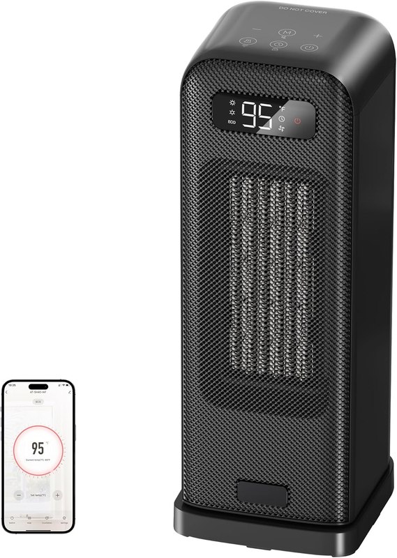 FLANUR Space Heaters for Indoor Use, Smart Portable Electric Heater with Thermostat, WiFi and Voice Control, 12H Timer, 4 Modes, 36dB 1500W PTC Ceramic Safety Heat for Office Bedroom Home 1Pack Black