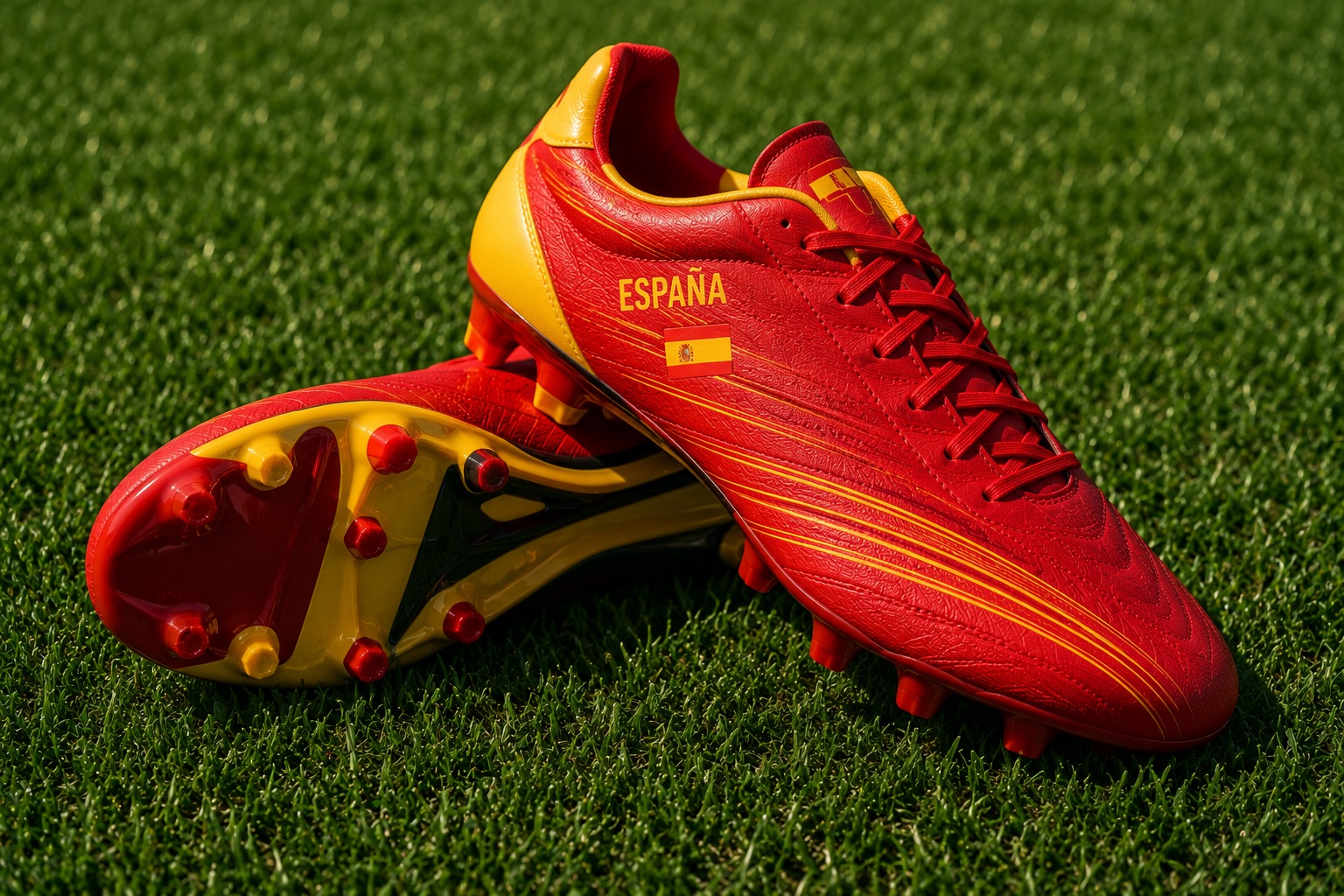 Red and gold Spain-colored football boots on grass