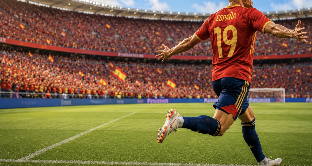 A Spain player celebrating in front of a packed stadium
