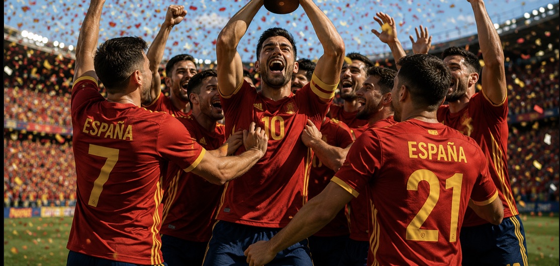 Spain players celebrating with the trophy