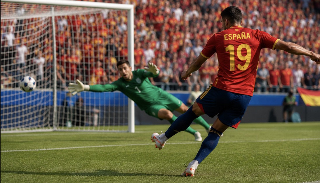 Ferran Torres scoring past the Argentina goalkeeper