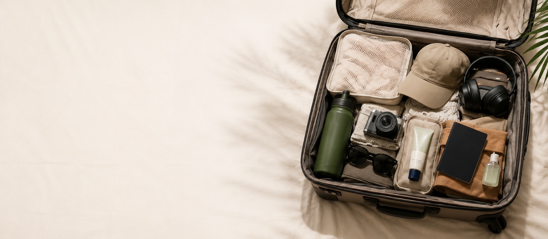 An open suitcase on a bed, neatly packed with summer travel gear