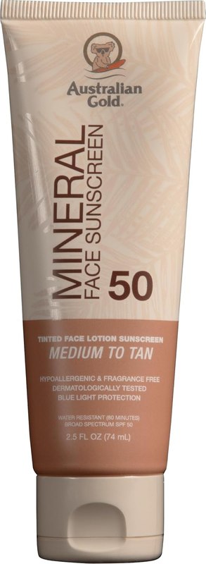 Australian Gold SPF 50 Tinted Mineral Face Sunscreen, Medium-Tan, 2.5 fl oz | Tinted mineral face sunscreen, BB cream finish, buildable coverage, 4% zinc oxide, fragrance free