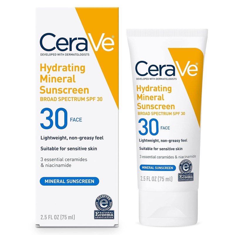 CeraVe Hydrating Mineral Sunscreen SPF 30 with Hyaluronic Acid, 2.5oz | Face Sunscreen with Zinc Oxide, Titanium Dioxide, Hyaluronic Acid, & Niacinamide For Broad Spectrum Protection