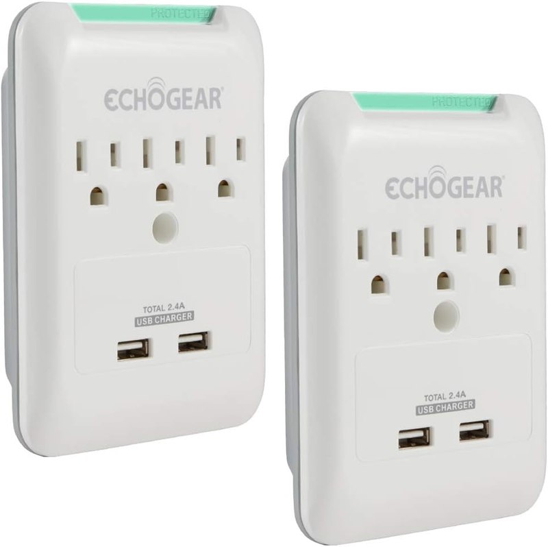 ECHOGEAR Outlet Extender Multiplug 2 Pack with 3 AC Outlets & 2 USB Ports – Low Profile Design Sits Just 1.1" from Wall - Protects Your Gear with 540 Joules of Surge Protection