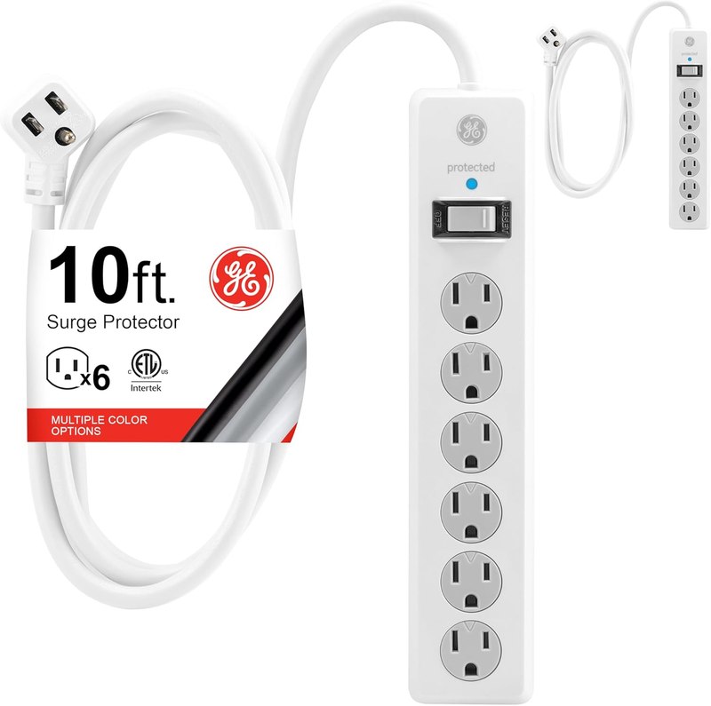 GE Surge Protector Power Strip, 2 Pack, 10 Ft Long Extension Cord | 6 Outlet Extender, 800 Joules, Flat Plug, Wall Mount, Twist-to-Close Safety Covers, ETL Safety Listed, White, 46862